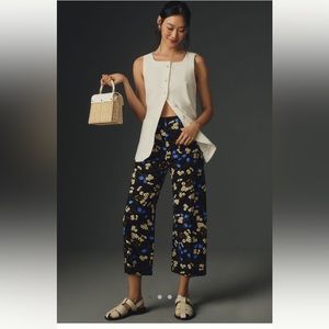 Anthropologie Floral Wide Leg Pants - Black and Blue